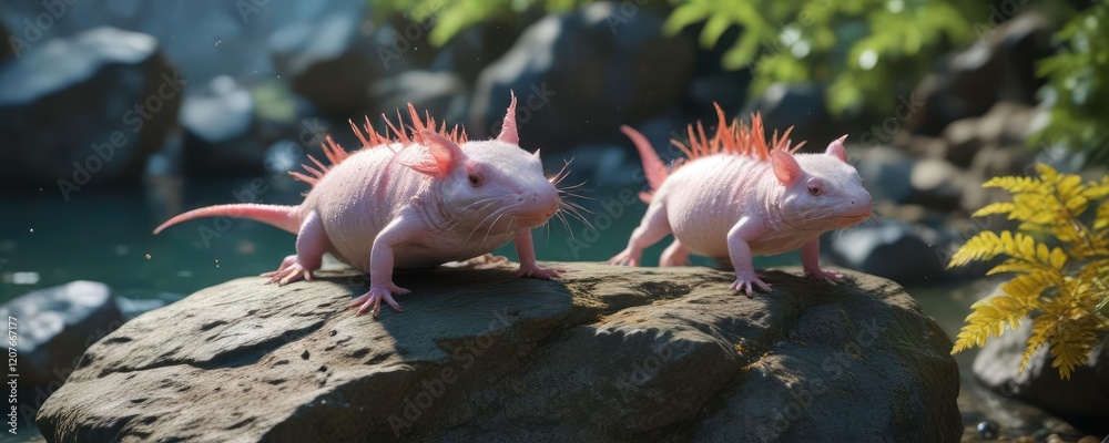 Obraz premium Axolotl on a rock near the water with a few leaves, cute, colorful, axolotl