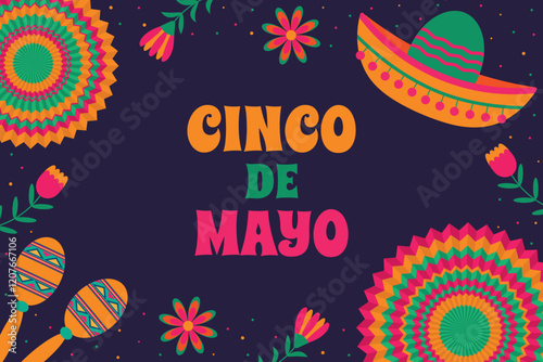 Cinco de Mayo vector banner and poster design. Fiesta with paper fans, flowers, sambrero maracas. photo