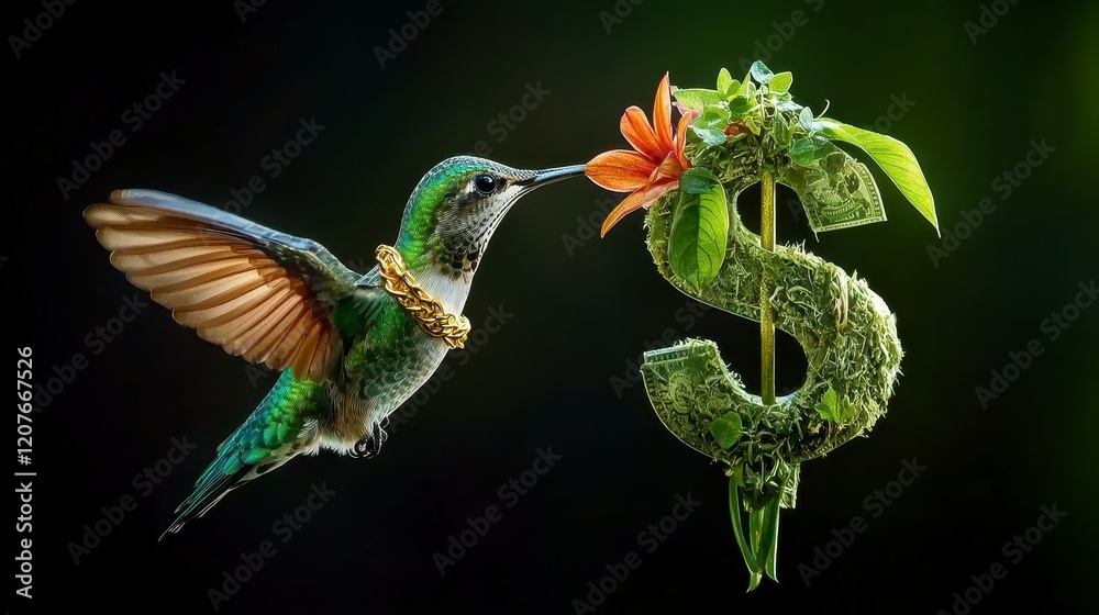 Obraz premium Hummingbird with Gold Necklace Approaching Money Plant Flower