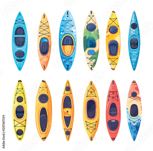 Top view kayaks cartoon vector set. Paddling boating canoes boats, outdoor water sport adventure activity watercraft vessels, waterfall extreme competition equipment isolated artworks