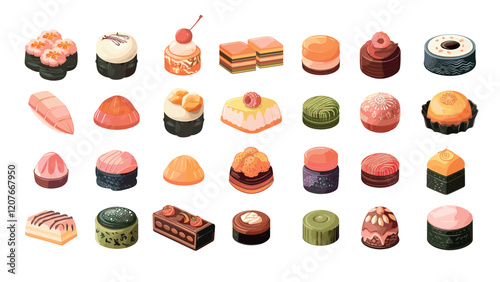 Traditional japanese desserts cartoon vector set. Sweets dango taiyaki mochi imagawayaki dorayaki tasty treats, isolated illustration on white background
