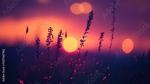 Vibrant sunset-colored bokeh with gradient oranges, pinks, and purples, radiant warmth