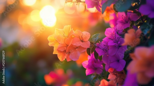 Vibrant sunset-colored bokeh with gradient oranges, pinks, and purples, radiant warmth