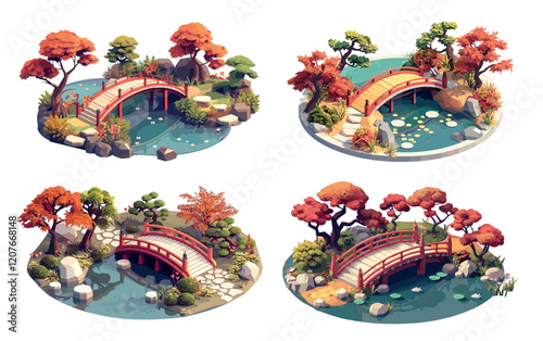 Traditional japanese garden isometry vector set. Lily little pond trees boulders stone bridge, asian native exterior landscape nature designs, isolated illustrations on white background