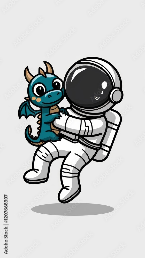 A vector illustration of a cute astronaut holding a dragon, white background Generative AI A vector illustration of a cute astronaut holding a dragon, white background Generative AI