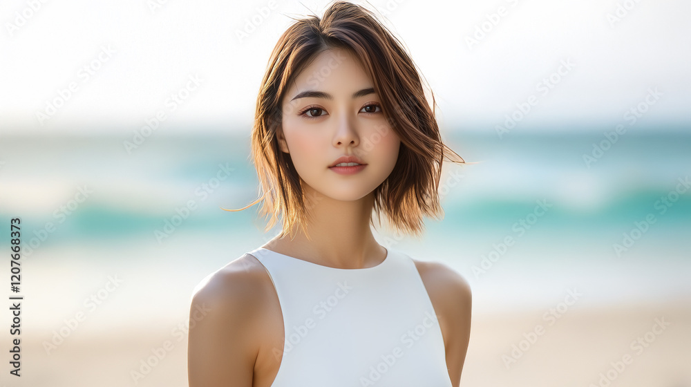 A fashion female asian model with a white dress on a blurred ocean background. A fashion female asian model with a white dress on a blurred ocean background.