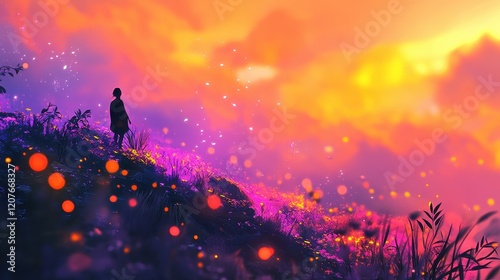 Vibrant sunset-colored bokeh with gradient oranges, pinks, and purples, radiant warmth