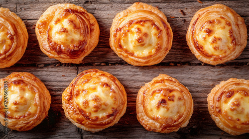 A rustic flat lay of cheese-stuffed pastry puffs placed symmetrically on a textured wooden surface photo