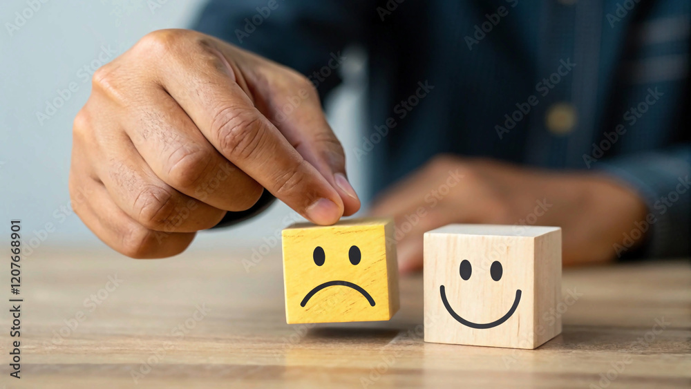 Man's Hand Pointing to a Wooden Cube with a Happy Smile Face on the Bright Side and an Unhappy Face on the Dark Side: Symbolizing Positive Mindset Choices and Emotional Well-Being