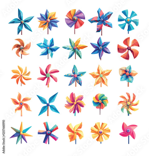 Windmill toy cartoon vector set. Paper summer spinner pinwheel baby wind breeze origami propelled rotating colorful children fan gadget, isolated vectors on white background