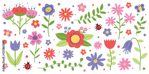 Colourful spring flowers set. Icons in cartoon style. Vector illustration