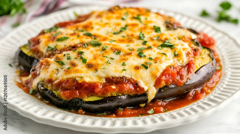 A vibrant baked eggplant Parmesan topped with bubbling mozzarella cheese and marinara sauce served on a textured white plate A vibrant baked eggplant Parmesan topped with bubbling mozzarella cheese and marinara sauce served on a textured white plate