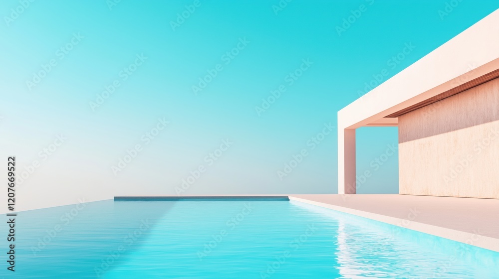Fototapeta premium Modern architectural design featuring a serene infinity pool with a clear blue sky backdrop.