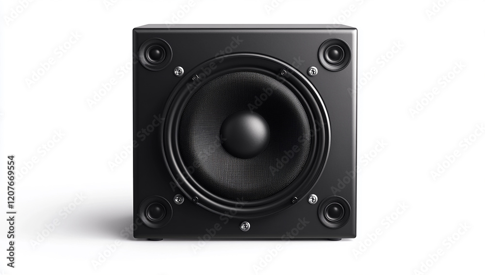 Black subwoofers with square speaker faces on a white background Black subwoofers with square speaker faces on a white background