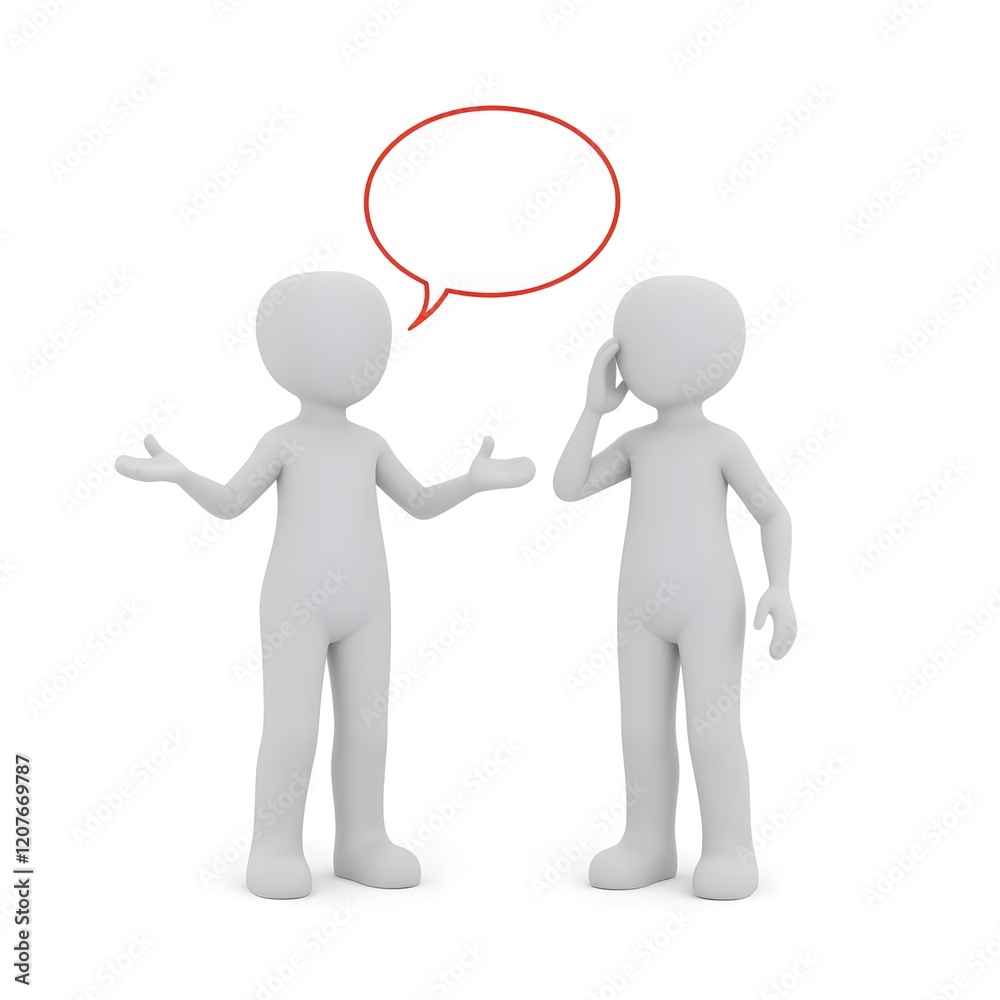Two simple, cartoonish, light gray figures, standing in a conversation. The figure on the left has an open, communicative pose with arms slightly outward and a speech bubble above its head Two simple, cartoonish, light gray figures, standing in a conversation. The figure on the left has an open, communicative pose with arms slightly outward and a speech bubble above its head