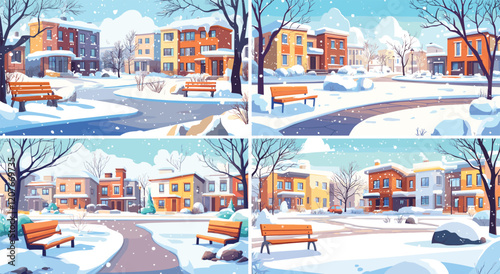 Winter city streets cartoon vector concepts. Wooden bench cottages dwelling territory asphalted private area road snowpark lane modern house backyards landscape illustration