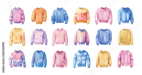 Winter sweaters watercolor vector set. Warm keeping pullover textile jackets, sweatshirts cardigans fabric handmade long sleeve color clothes production, isolated on white backdrop