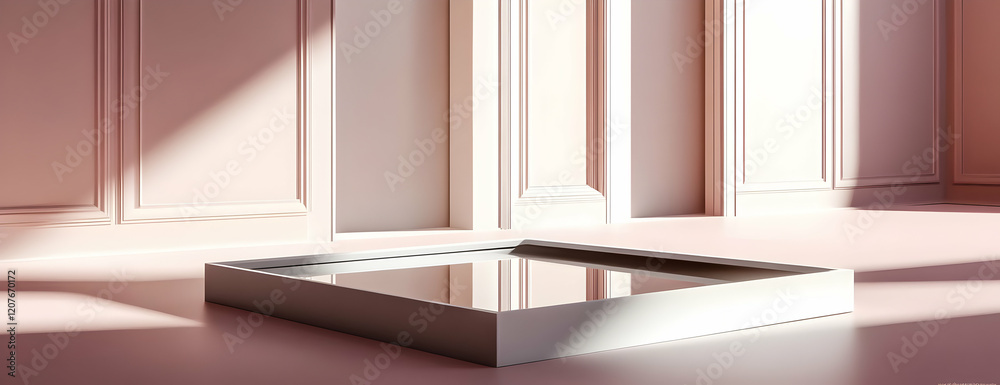 Pink room, mirrored display, sunlight, product showcase Pink room, mirrored display, sunlight, product showcase