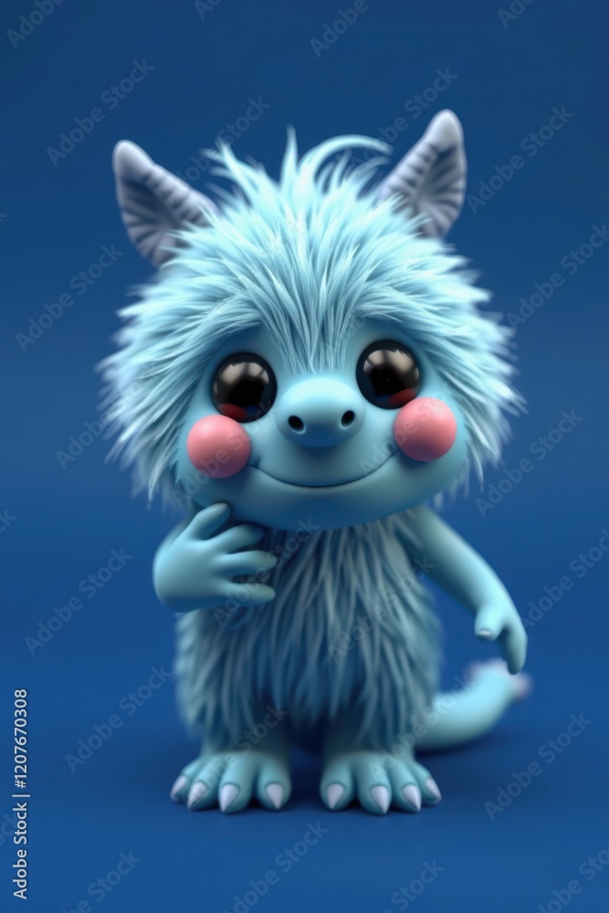 Fototapeta premium Adorable fluffy blue monster with big eyes and rosy cheeks. Perfect for children's books, cartoons, or websites!