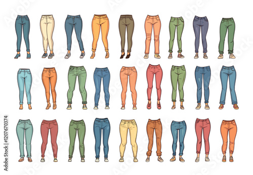 Woman pants cartoon vector set. Legs shoes denim girl textile wearable female urban fashion garments outfits clothes, isolated on white background
