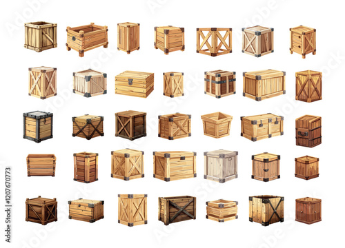 Wooden crates box cartoon vector set. Open closed timber goods protection cargo boxes delivery logistic containers, pallets storage warehouse packaging, isolated illustrations on white background