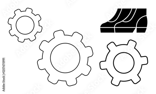 Three interconnected gears and stylized stairs symbolizing teamwork, progress, and growth. Ideal for business efficiency, engineering, collaboration, strategy, mechanical design, and process