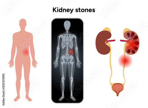 Human urine pain, diagnosis ureter, kidney stones in x ray. Urologist medical disease 
