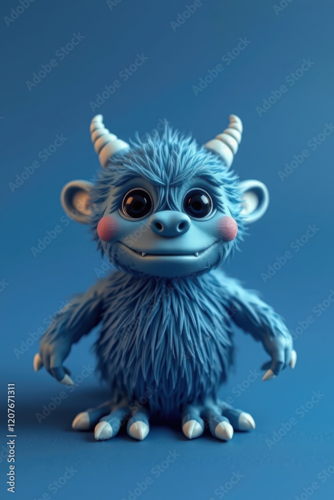 Fototapeta premium Adorable blue furry creature with horns, large eyes, and a friendly smile. Perfect for children's books, cartoons, or websites.