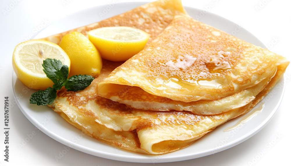 Crepes with Lemon and Honey on white background, top view. Homemade thin crepes on plate for breakfast or dessert Crepes with Lemon and Honey on white background, top view. Homemade thin crepes on plate for breakfast or dessert