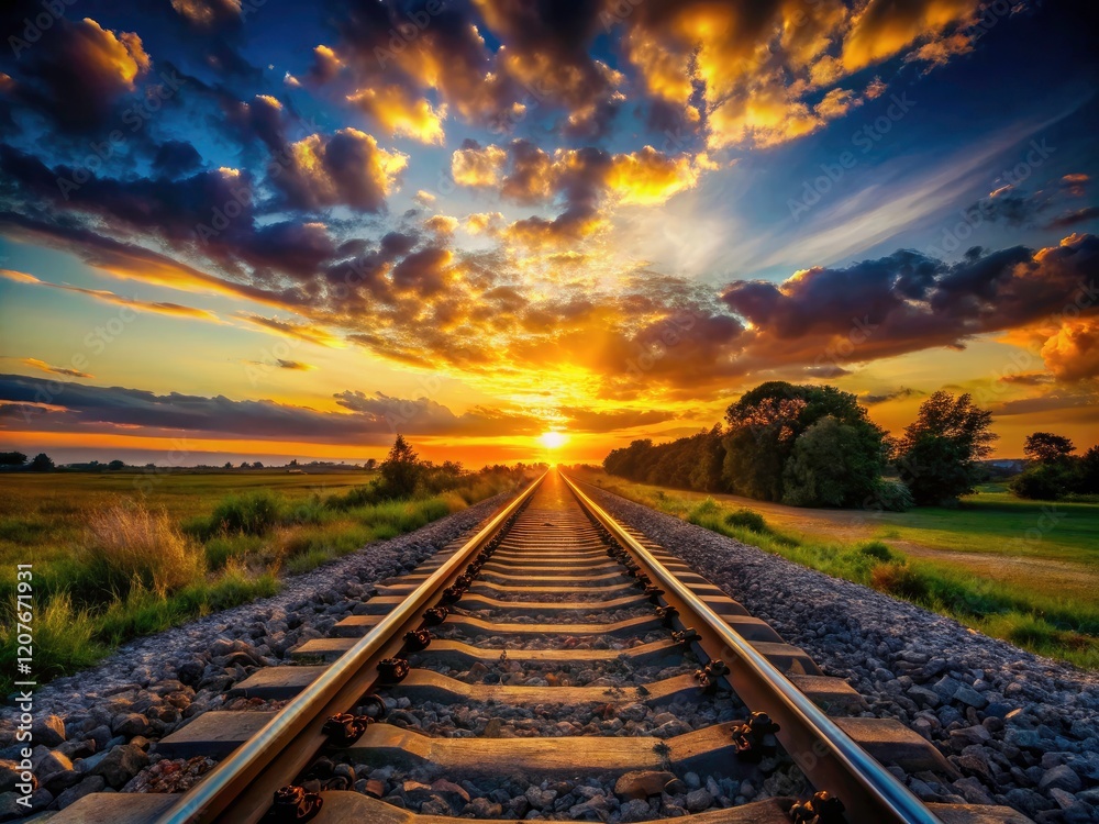 Scenic railroad tracks vanish into a fiery sunset, a captivating silhouette against the glowing dusk. Scenic railroad tracks vanish into a fiery sunset, a captivating silhouette against the glowing dusk.