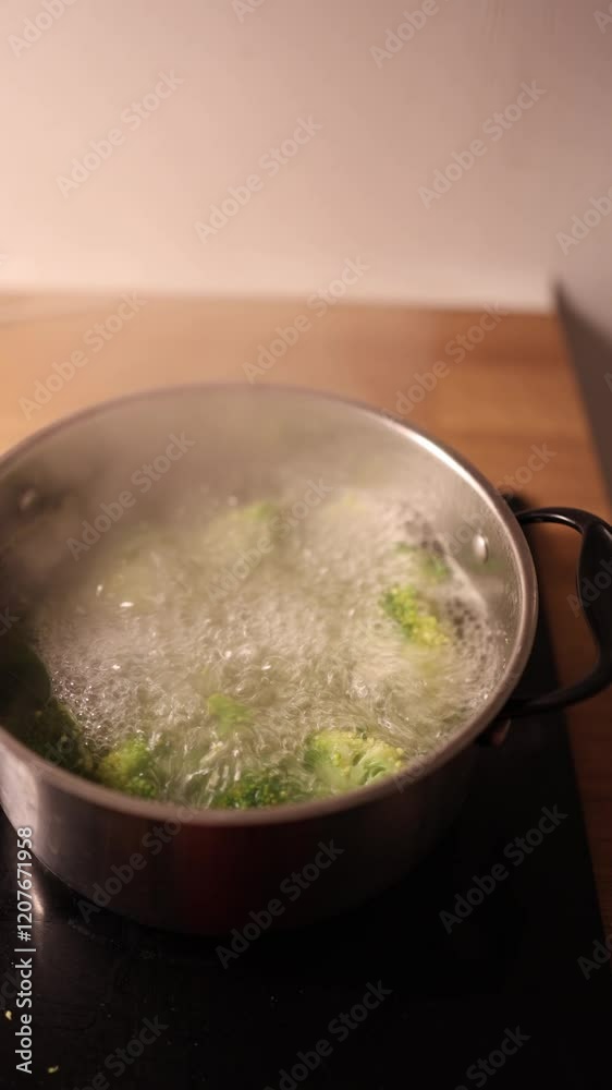 Vertical screen: Broccoli boiling in a stainless steel pot on a stove. Steam rises as vibrant green florets cook in bubbling water, perfect for a healthy meal preparation scene. Vertical screen: Broccoli boiling in a stainless steel pot on a stove. Steam rises as vibrant green florets cook in bubbling water, perfect for a healthy meal preparation scene.