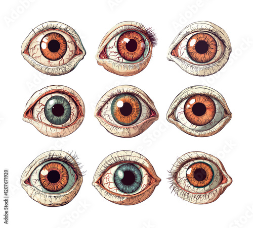 Zombie eye with optic nerve cartoon vector set. View body part scary creepy look halloween terrible frightening orb, isolated illustration on white background