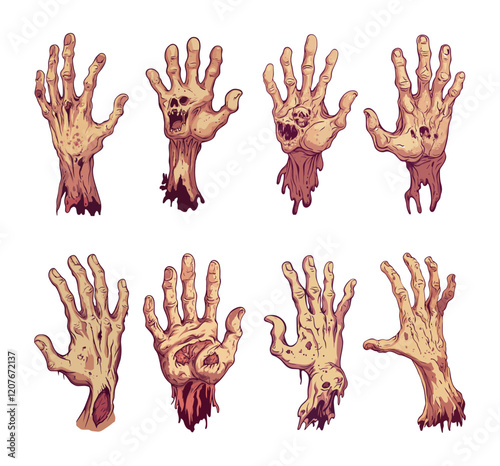 Zombie hand cartoon vector set. Wrist finger human dead rising corpse creepy scary gesture, cemetery halloween revenant flesh undead arm, isolated on white background