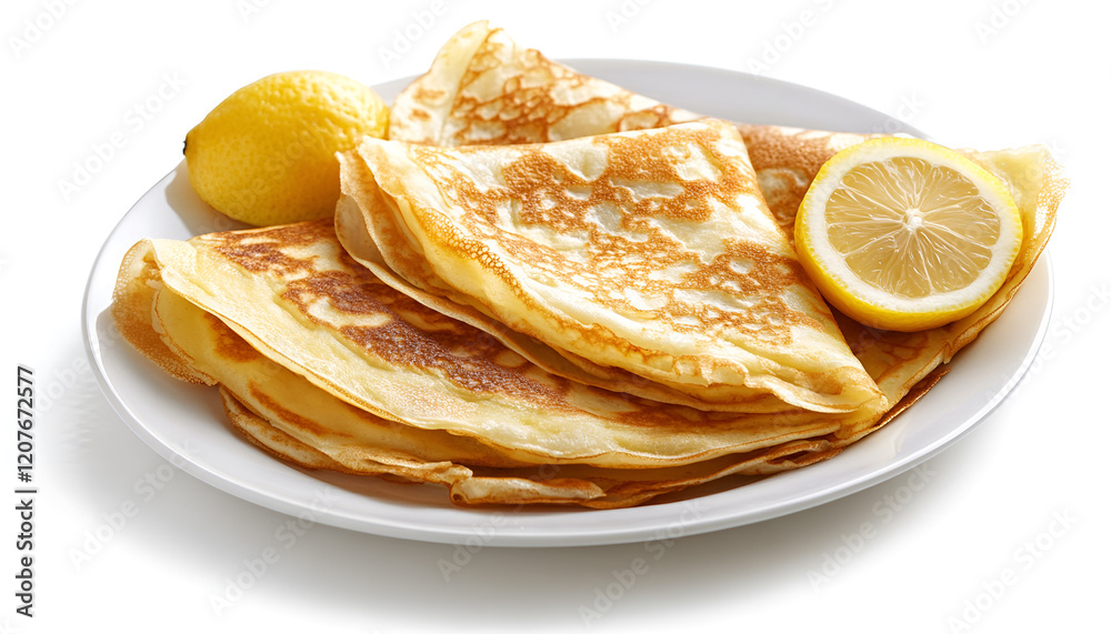 Crepes with Lemon and Honey on white background, top view. Homemade thin crepes on plate for breakfast or dessert Crepes with Lemon and Honey on white background, top view. Homemade thin crepes on plate for breakfast or dessert