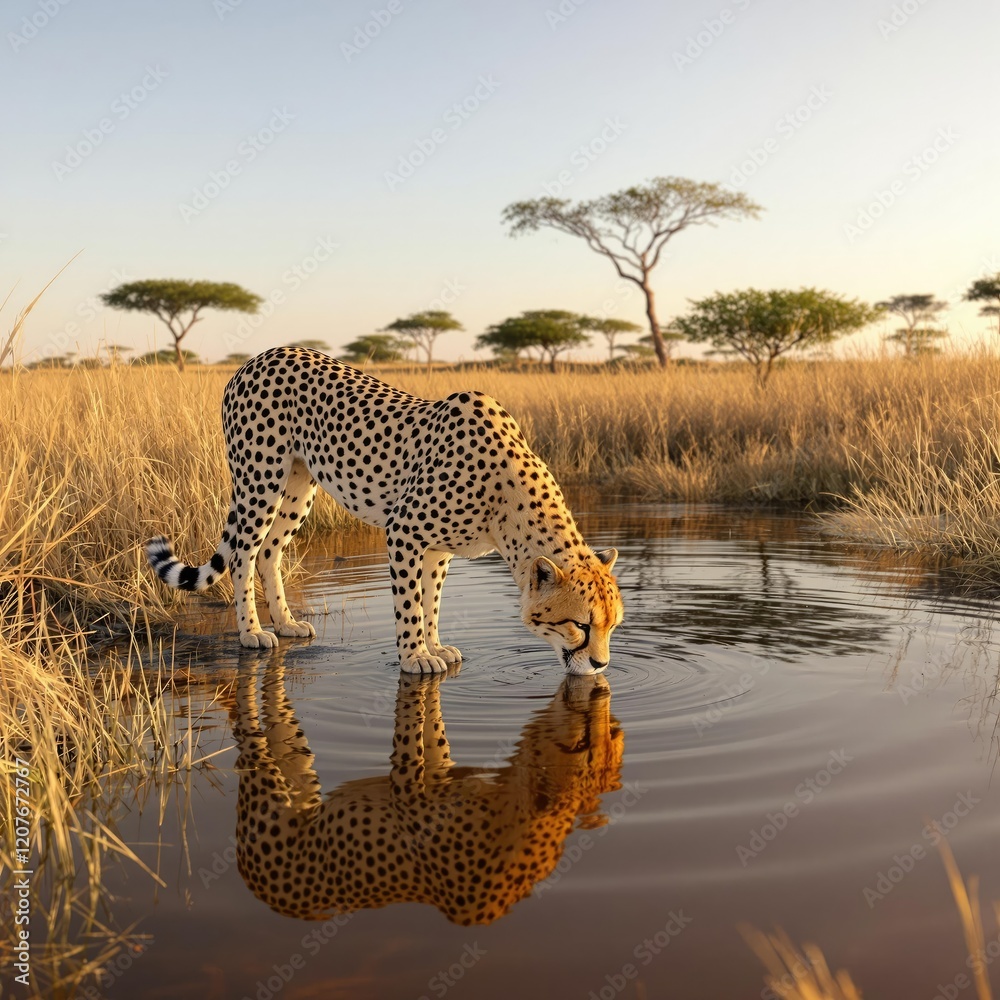 Obraz premium Cheetah drinking from watering hole in savanna, thirsty, savanna, water