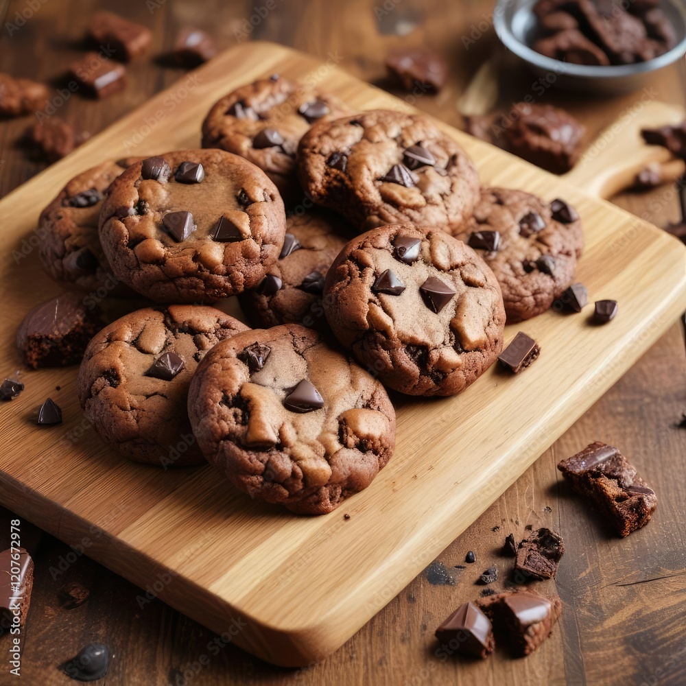 Chocolate chunk cookies or brownies on a rustic wooden cutting board, baked goods, baking, brownies Chocolate chunk cookies or brownies on a rustic wooden cutting board, baked goods, baking, brownies