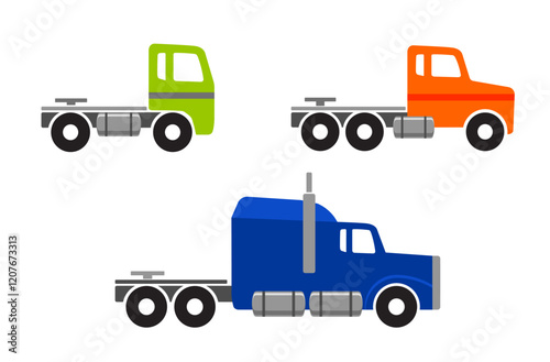 simple semi trailer long flat nose truck prime mover cab drawing side view set icon symbol silhouette vector transparent background