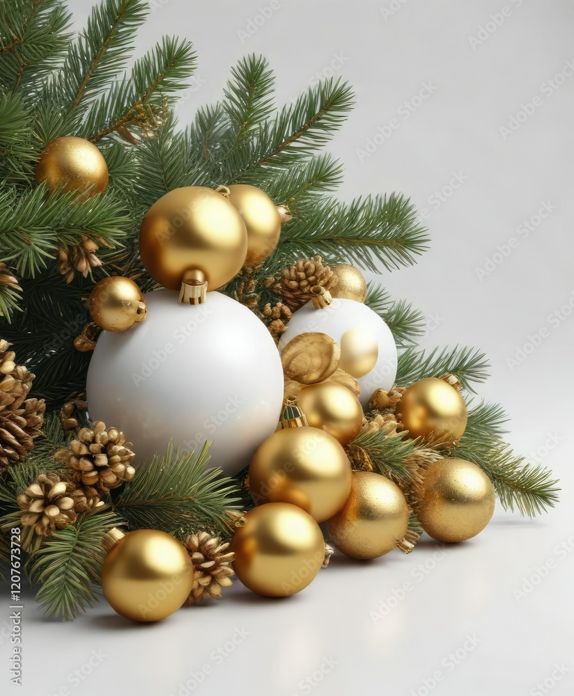 Christmas white background adorned with an assortment of golden balls and pine branches, seasonal elements, winter wonderland