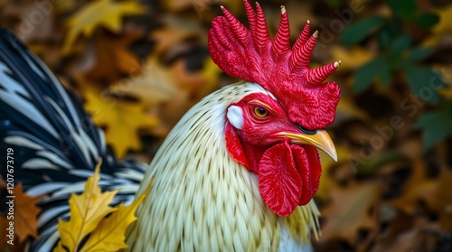 Close-up of a rooster amidst autumn leaves. photo