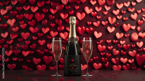 The concept of Valentine's day.A bottle of champagne and a glass on a background of hearts