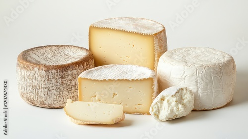 A variety of cheeses including cheddar, mozzarella, and brie isolated on a white background 