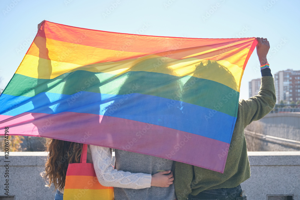 Group of activists showing their support for lgbt community by holding rainbow flag