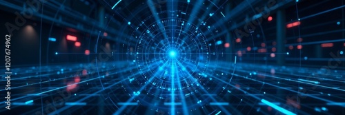 Futuristic digital tunnel with glowing particles and beams of light.