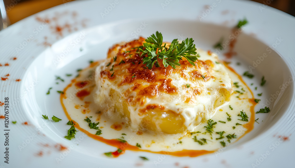 Potato gratin (casserole) with cream, cheese and parsley on white plate Potato gratin (casserole) with cream, cheese and parsley on white plate
