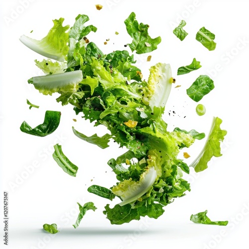 A salad is being tossed in the air, with pieces of lettuce
