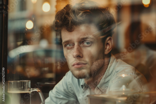 Thoughtful man gazing out a cafe window, beard, reflective mood. photo