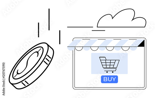 Coin dropping into online shopping cart with BUY button highlighting e-commerce. Ideal for online transactions, digital currency, e-commerce, consumer behavior, internet shopping, market strategy