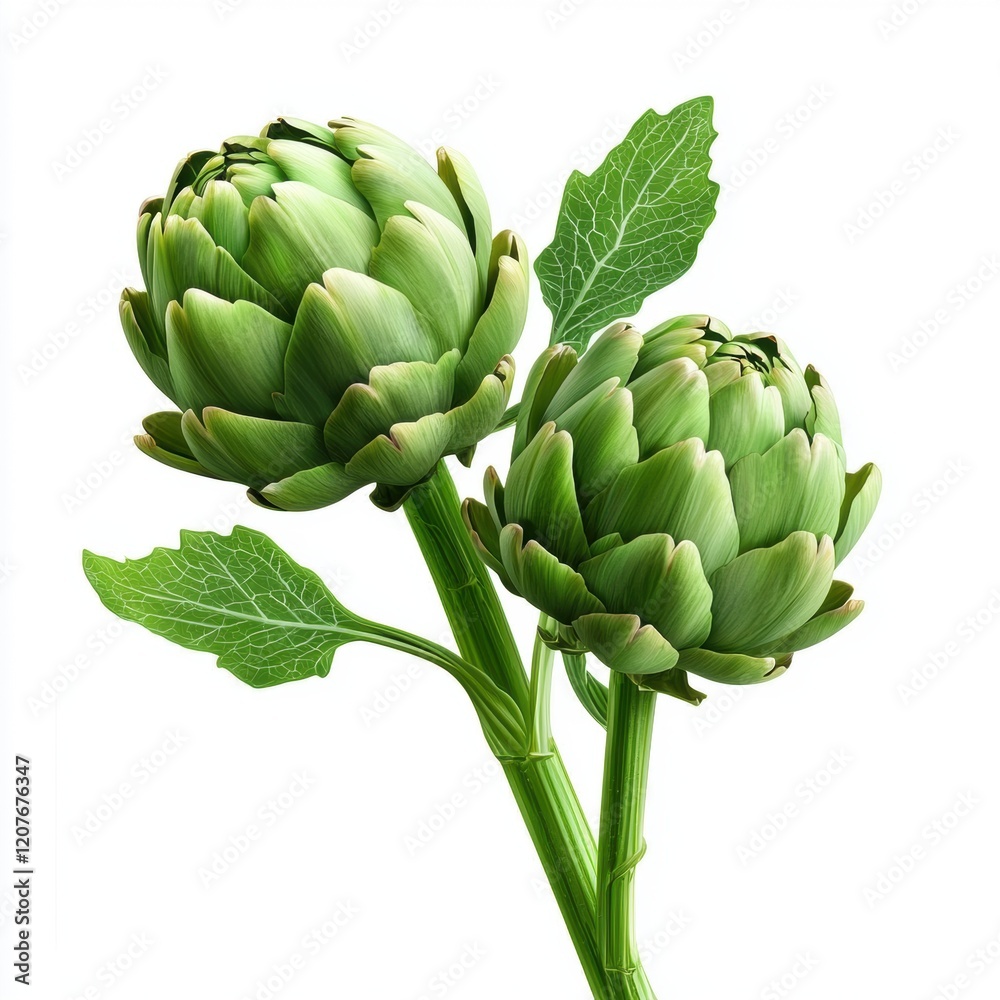 Fototapeta premium Two green artichokes are displayed in a white background