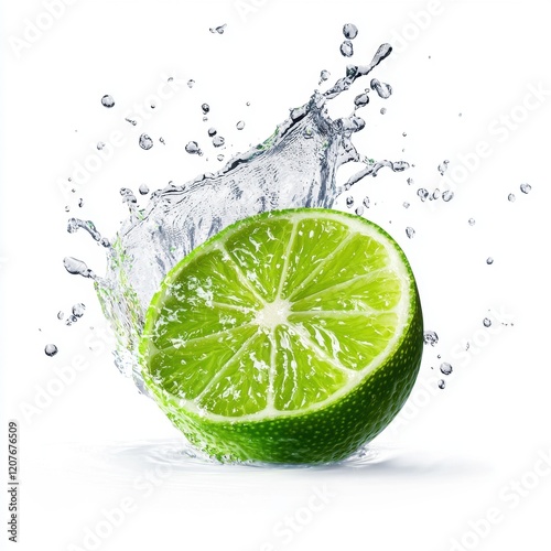 A lime is sliced in half and placed on top of a splash of water