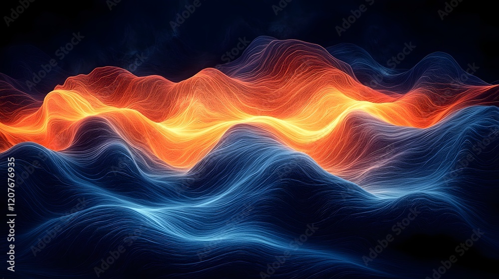 Obraz premium Stunning abstract gradient with fluid wave like patterns in a mesmerizing combination of fiery orange and deep blue hues This dynamic noise textured digital artwork creates a visually captivating